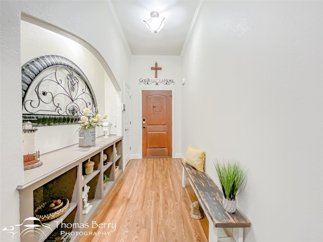 interior space featuring hardwood / wood-style flooring and crown molding