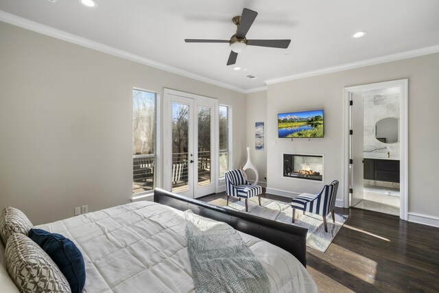 bedroom with crown molding, dark wood-type flooring, ceiling fan, and access to outside