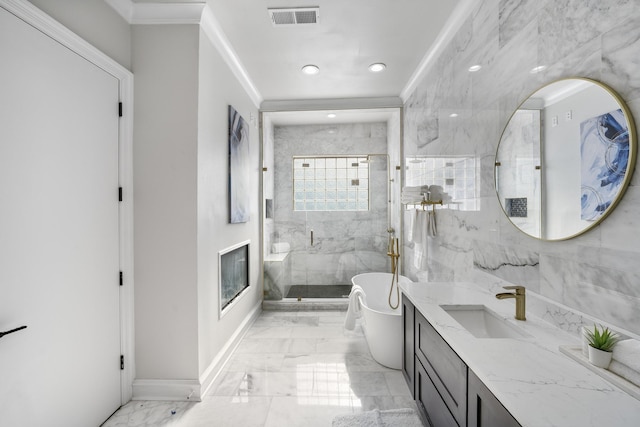 bathroom featuring shower with separate bathtub, vanity, and crown molding