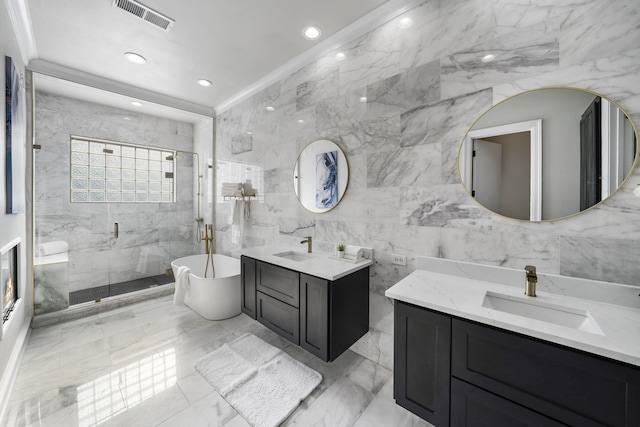 bathroom featuring crown molding, vanity, separate shower and tub, and tile walls