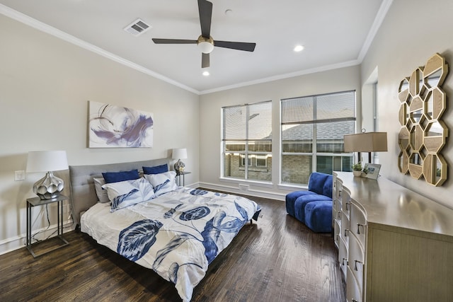 bedroom with dark hardwood / wood-style flooring, ornamental molding, and ceiling fan