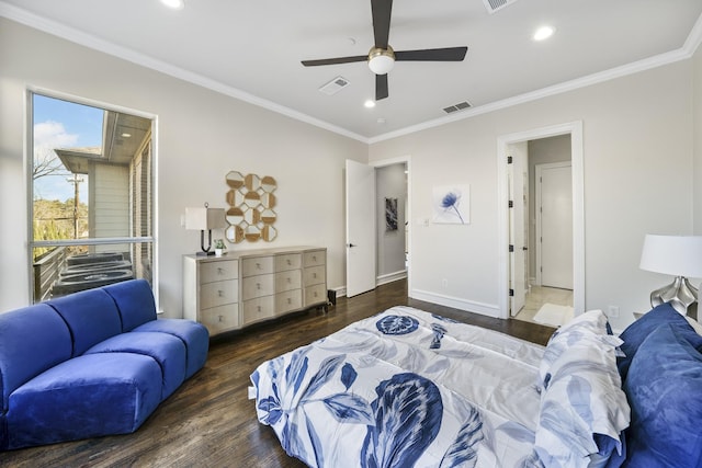 bedroom featuring dark hardwood / wood-style flooring, ornamental molding, and ceiling fan