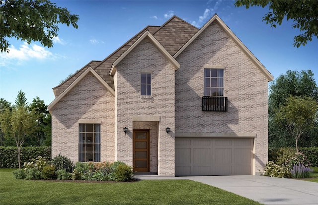 front of property with a garage and a front lawn