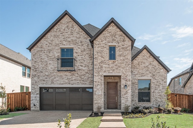 french country inspired facade with brick siding, an attached garage, driveway, and fence