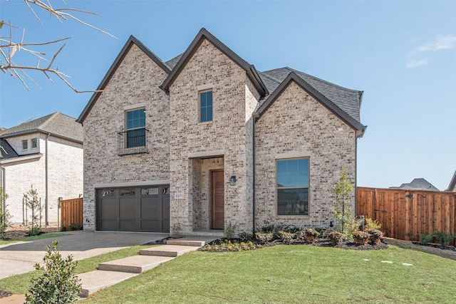 view of front of property featuring a front lawn, fence, concrete driveway, an attached garage, and brick siding