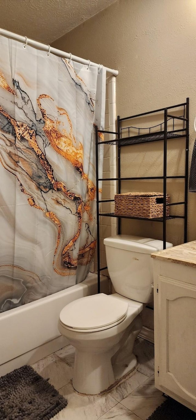 bathroom featuring toilet, a textured ceiling, and shower / bath combination with curtain