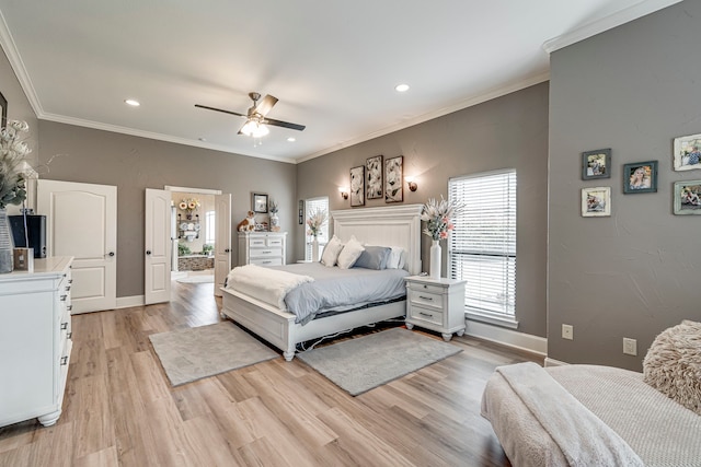 bedroom featuring recessed lighting, light wood-style floors, baseboards, and crown molding