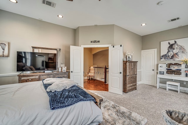 bedroom featuring visible vents, recessed lighting, and carpet flooring