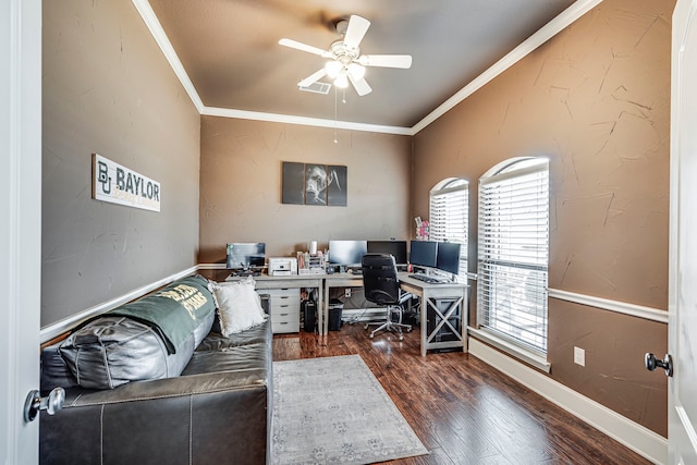 office with visible vents, baseboards, ornamental molding, a ceiling fan, and wood finished floors