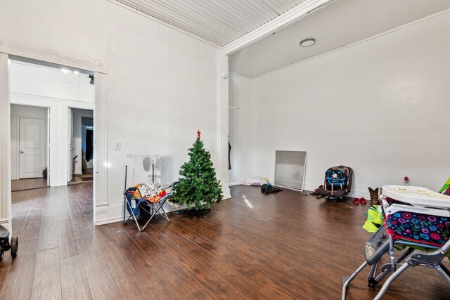 misc room with crown molding and dark hardwood / wood-style flooring