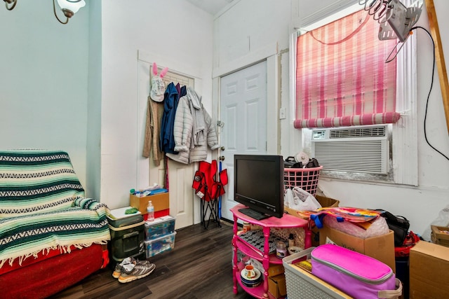 mudroom with cooling unit and dark hardwood / wood-style floors