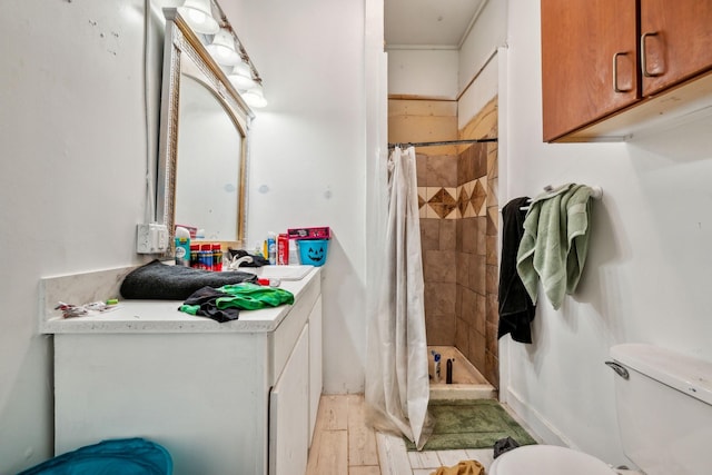 bathroom featuring toilet, vanity, and a shower with shower curtain