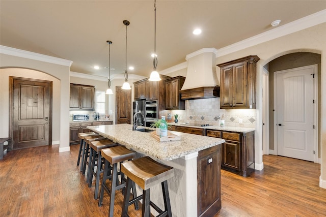 kitchen featuring hanging light fixtures, sink, premium range hood, light stone counters, and an island with sink