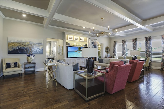 living room featuring dark wood-type flooring, a chandelier, beamed ceiling, and coffered ceiling