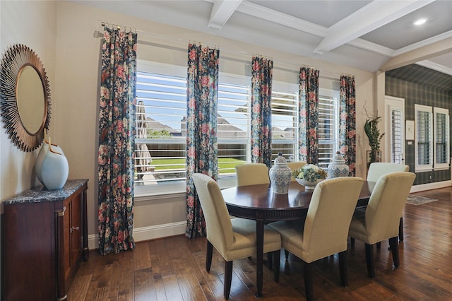 dining room with ornamental molding, beam ceiling, and dark wood-type flooring