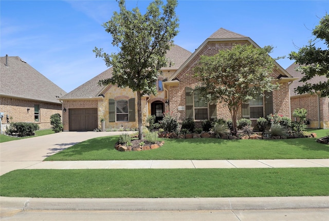 view of front of home with a garage and a front lawn