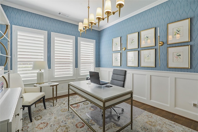 office area with hardwood / wood-style floors, a chandelier, and ornamental molding