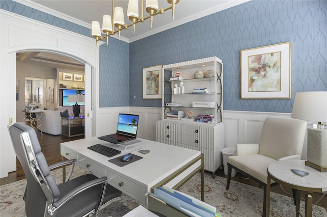 home office featuring crown molding, hardwood / wood-style floors, and a notable chandelier