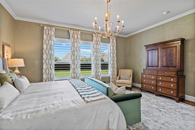 bedroom featuring an inviting chandelier, crown molding, and light wood-type flooring