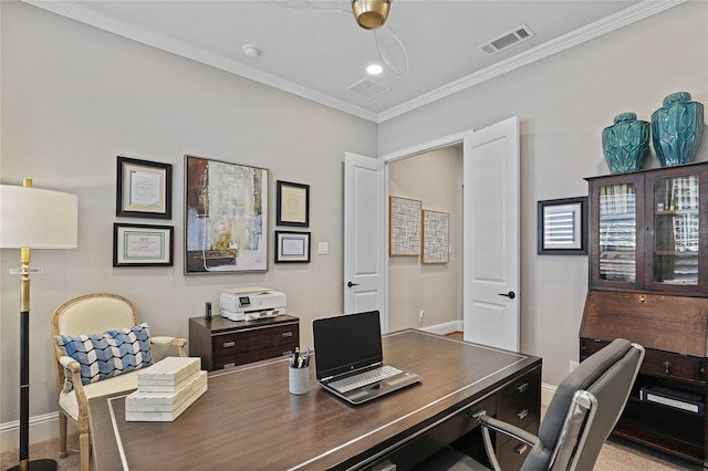 carpeted office with ornamental molding