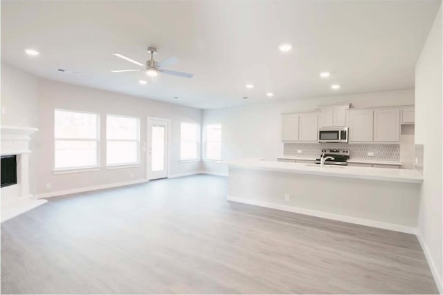 kitchen with white cabinetry, stainless steel appliances, tasteful backsplash, and light hardwood / wood-style flooring