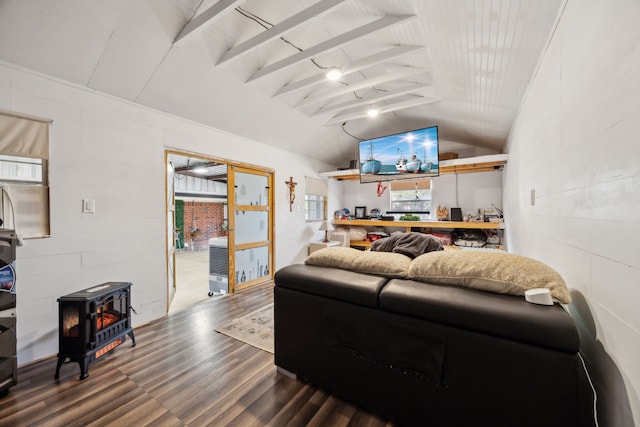 living room with dark wood-type flooring, vaulted ceiling with beams, and a wood stove