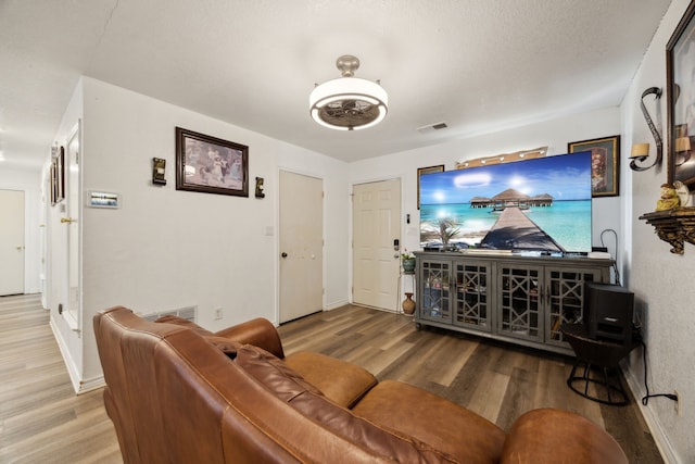 living room featuring hardwood / wood-style floors and a textured ceiling