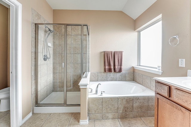 full bathroom featuring vaulted ceiling, toilet, vanity, and plus walk in shower