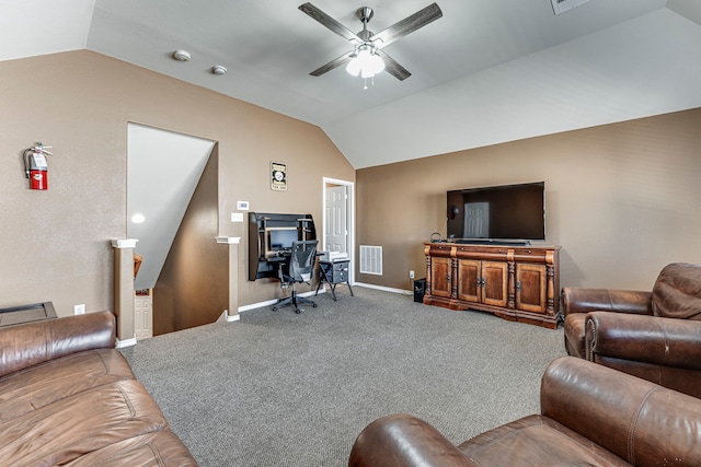 living room with vaulted ceiling, carpet, and ceiling fan