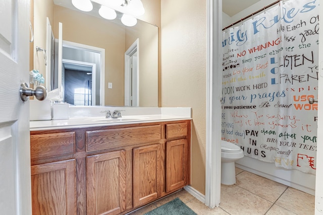 full bathroom with toilet, vanity, shower / tub combo with curtain, and tile patterned flooring