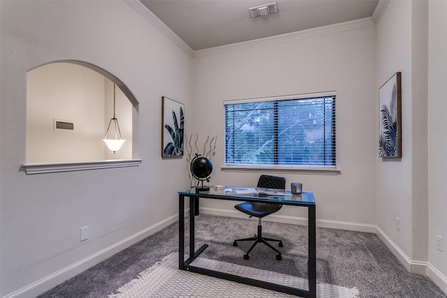 carpeted office with crown molding