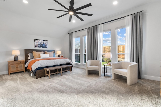 carpeted bedroom featuring vaulted ceiling, recessed lighting, a ceiling fan, and baseboards