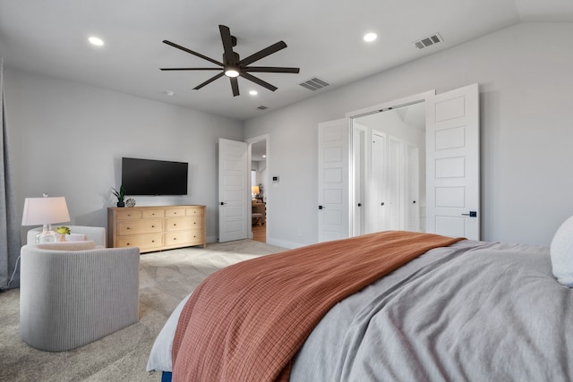 bedroom with light carpet, ceiling fan, visible vents, and recessed lighting