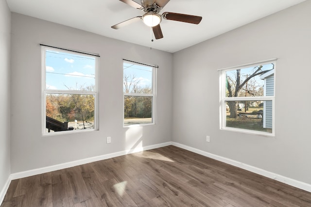 unfurnished room with wood finished floors, a wealth of natural light, and baseboards