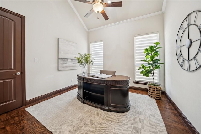 office area featuring crown molding, ceiling fan, lofted ceiling, and dark hardwood / wood-style flooring