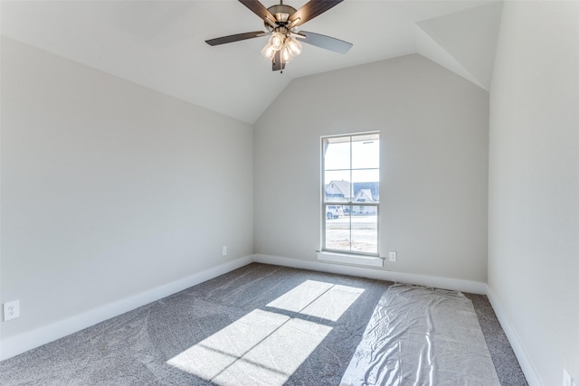 bonus room with lofted ceiling, carpet flooring, baseboards, and ceiling fan