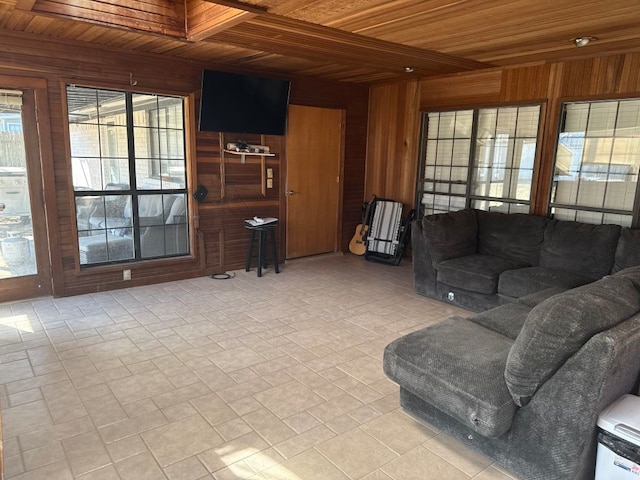 living room featuring wooden ceiling and wooden walls