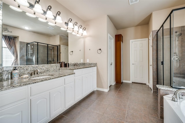 bathroom with separate shower and tub, tile patterned flooring, and vanity