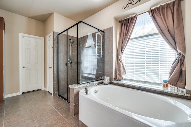 bathroom featuring independent shower and bath and tile patterned floors