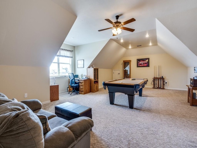 playroom with ceiling fan, light colored carpet, billiards, and vaulted ceiling