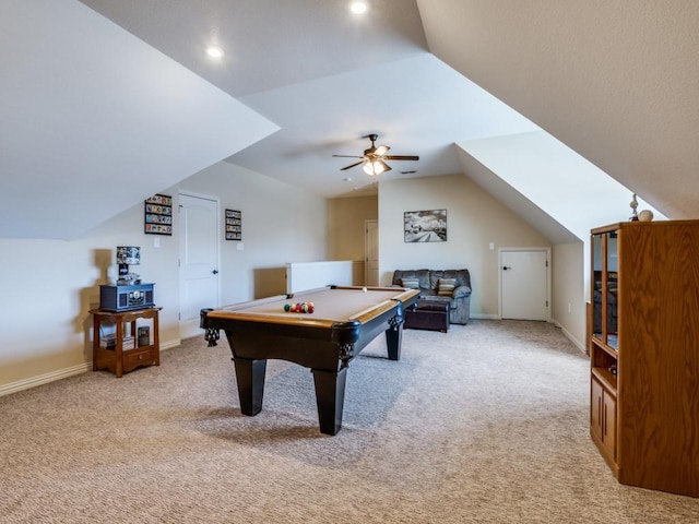 recreation room featuring vaulted ceiling, billiards, ceiling fan, and light carpet