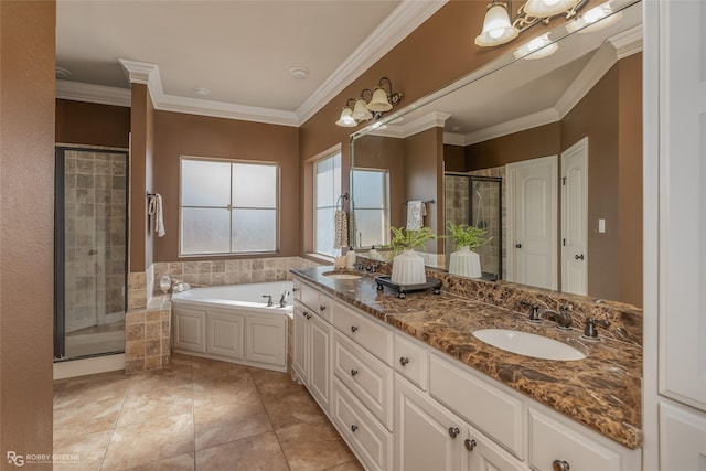 bathroom featuring vanity, crown molding, tile patterned floors, and shower with separate bathtub