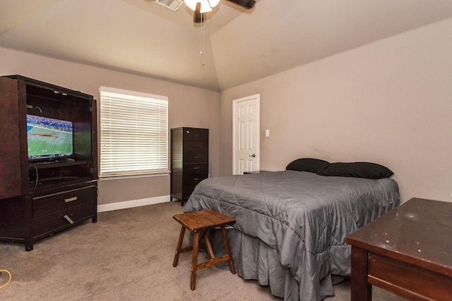 carpeted bedroom with lofted ceiling and ceiling fan