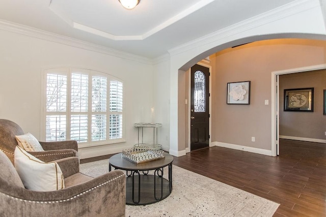 sitting room featuring crown molding, dark hardwood / wood-style flooring, and a raised ceiling