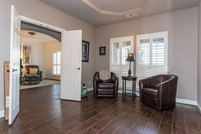 sitting room featuring a tray ceiling