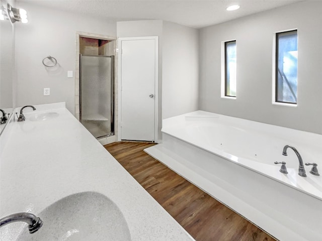 bathroom with vanity, plus walk in shower, and hardwood / wood-style floors