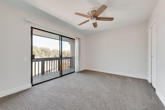 interior space featuring ceiling fan, access to exterior, and carpet floors