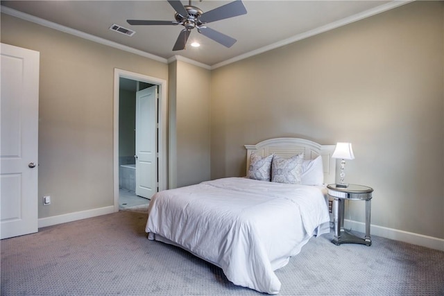 bedroom featuring ceiling fan, carpet, connected bathroom, and crown molding