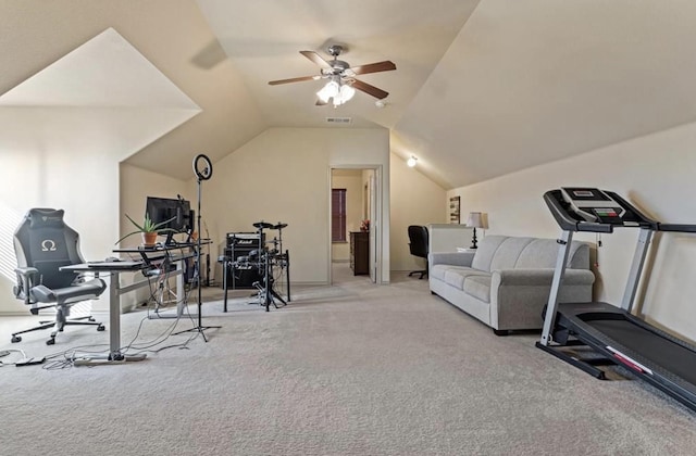 exercise area with vaulted ceiling, ceiling fan, and light carpet