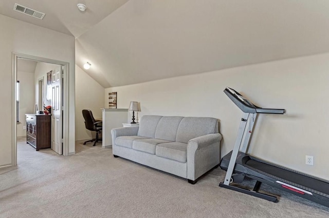 workout room featuring light carpet and lofted ceiling